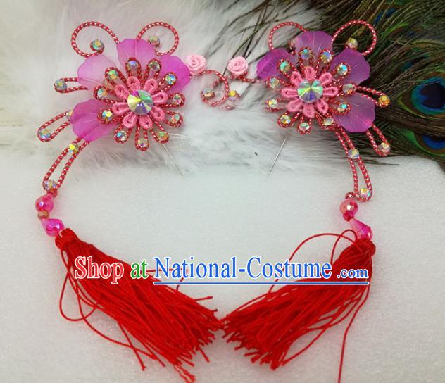 Chinese Traditional Beijing Opera Actress Red Tassel Flower Hair Clips Hair Accessories Ancient Hairpins for Adults