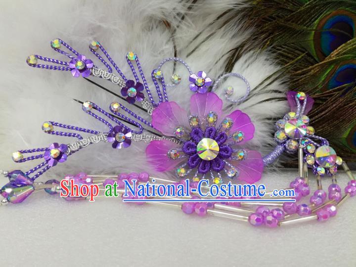 Chinese Traditional Beijing Opera Actress Purple Flower Hairpins Hair Accessories for Adults