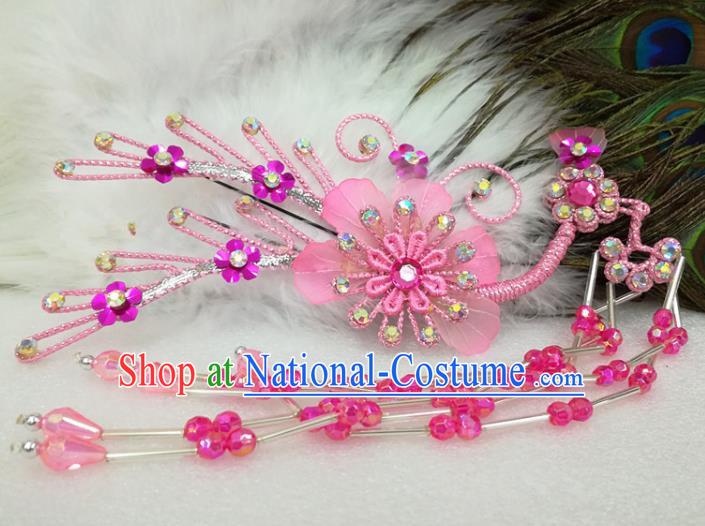 Chinese Traditional Beijing Opera Actress Pink Flower Hairpins Hair Accessories for Adults