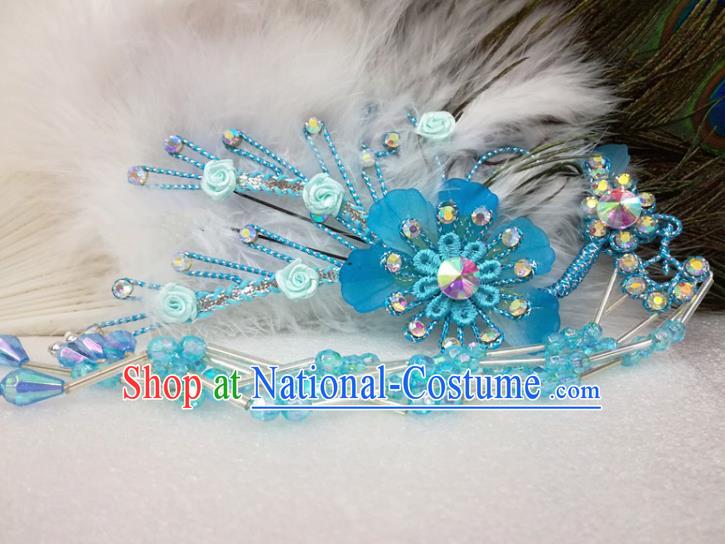 Chinese Traditional Beijing Opera Actress Blue Flower Hairpins Hair Accessories for Adults