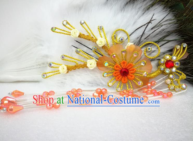 Chinese Traditional Beijing Opera Actress Orange Flower Hairpins Hair Accessories for Adults