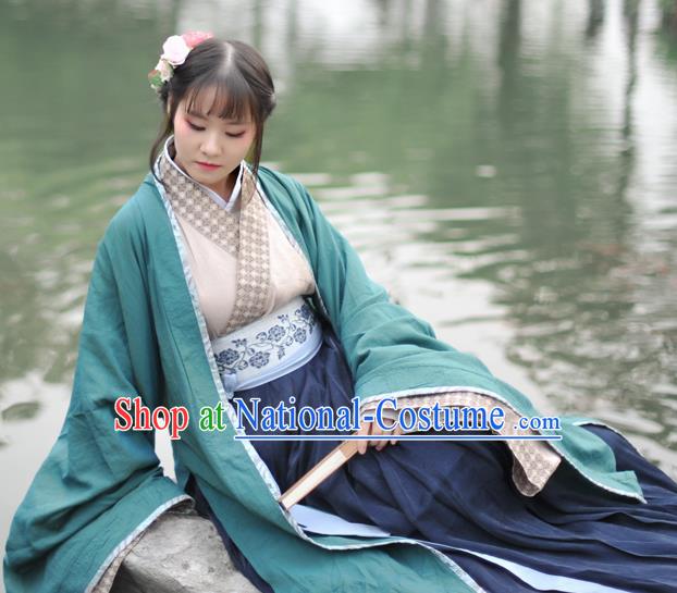 Chinese Ancient Swordswoman Green Hanfu Dress Jin Dynasty Young Lady Historical Costume Complete Set for Women