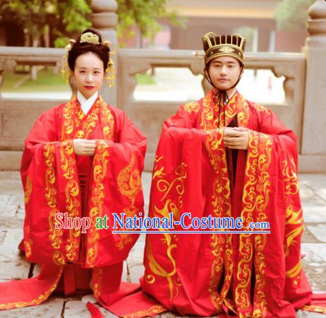 Chinese Ancient Han Dynasty Bride and Bridegroom Wedding Historical Costumes Complete Set