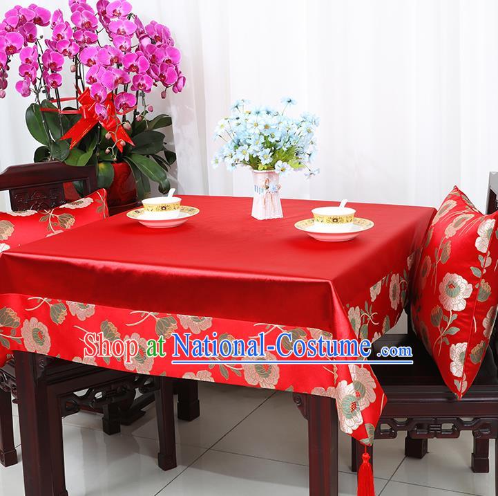 Chinese Traditional Peony Pattern Red Brocade Table Cloth Classical Satin Household Ornament Desk Cover