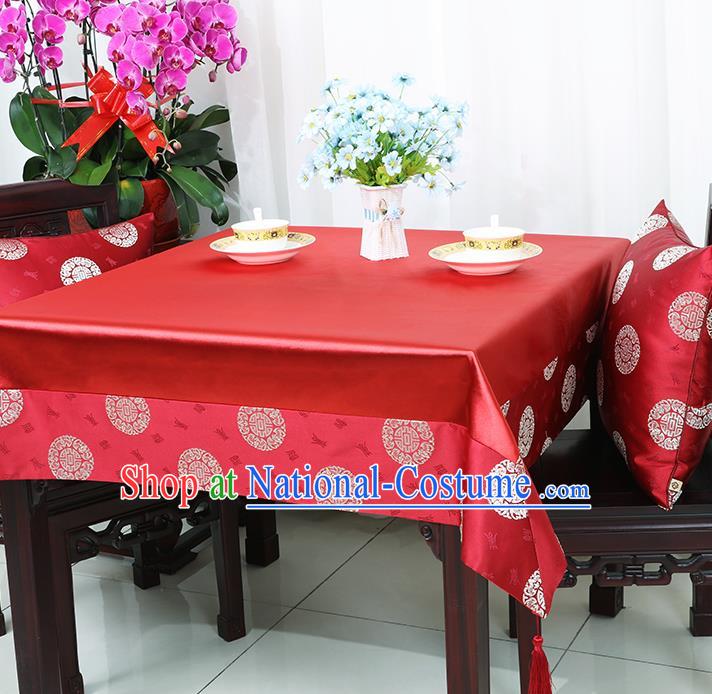 Chinese Traditional Fu Character Pattern Red Brocade Table Cloth Classical Satin Household Ornament Desk Cover