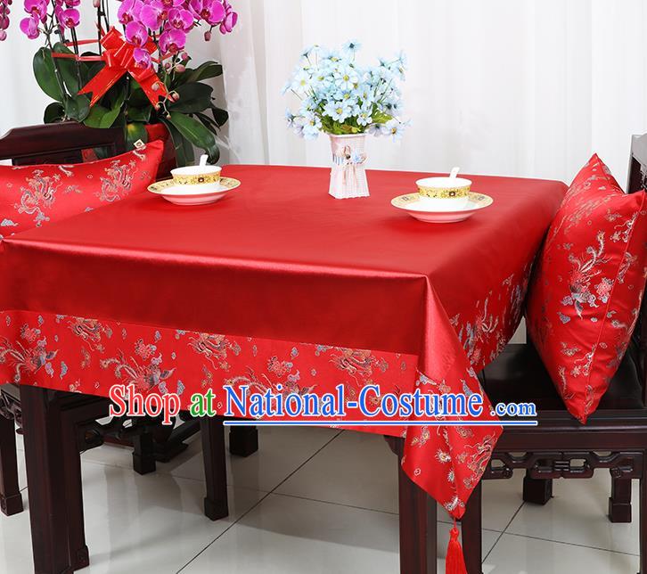 Chinese Traditional Phoenix Peony Pattern Red Brocade Table Cloth Classical Satin Household Ornament Desk Cover