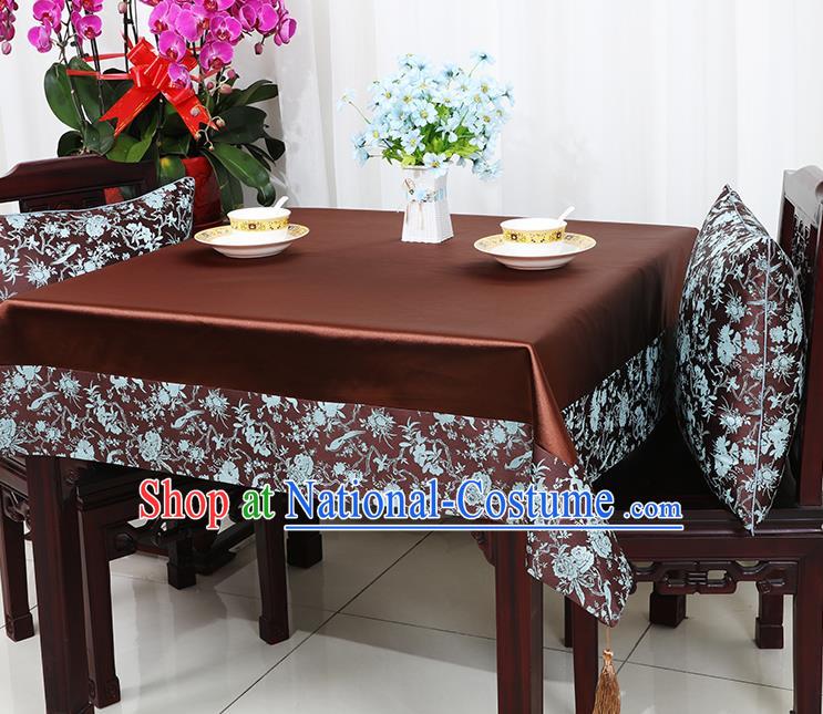 Chinese Traditional Peony Birds Pattern Brown Brocade Table Cloth Classical Satin Household Ornament Desk Cover