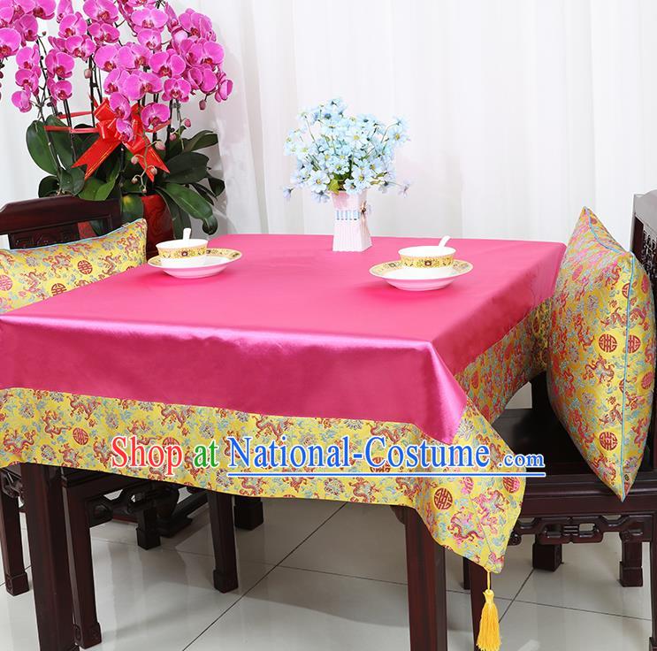 Chinese Traditional Dragons Pattern Rosy Brocade Table Cloth Classical Satin Household Ornament Desk Cover