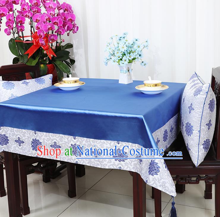 Chinese Traditional Lotus Pattern Blue Brocade Table Cloth Classical Satin Household Ornament Desk Cover