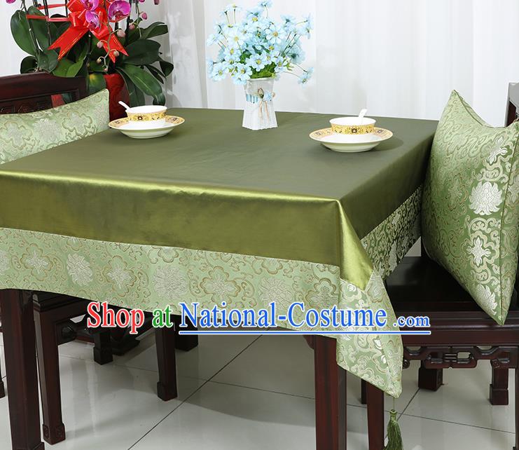 Chinese Traditional Lotus Pattern Green Brocade Table Cloth Classical Satin Household Ornament Desk Cover