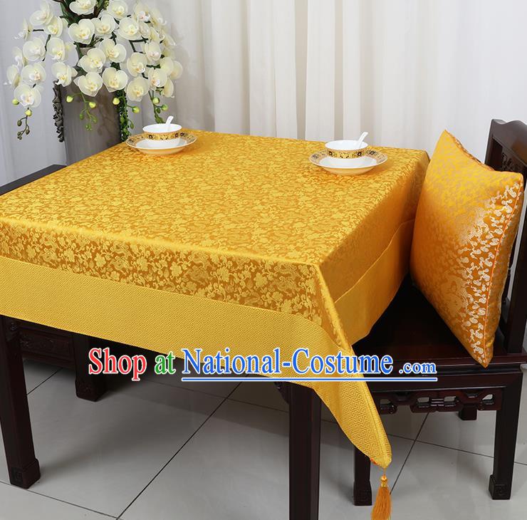 Chinese Traditional Peony Pattern Golden Brocade Table Cloth Classical Satin Household Ornament Desk Cover