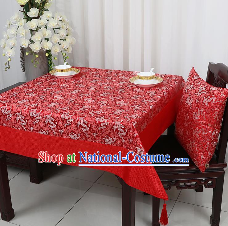 Chinese Traditional Dragons Pattern Red Brocade Table Cloth Classical Satin Household Ornament Desk Cover