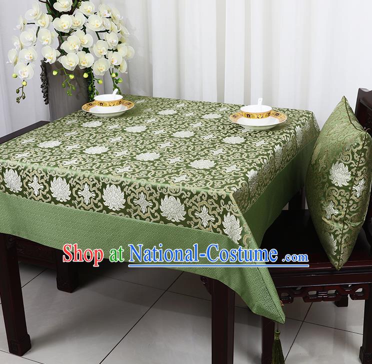 Chinese Traditional Lotus Pattern Green Brocade Table Cloth Classical Satin Household Ornament Desk Cover