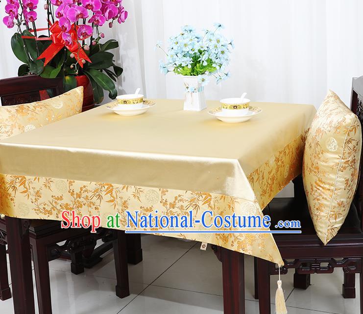 Chinese Traditional Plum Blossom Bamboo Pattern Golden Brocade Table Cloth Classical Satin Household Ornament Desk Cover