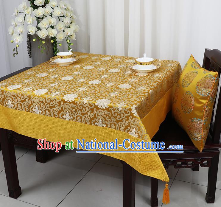 Chinese Traditional Lotus Pattern Golden Brocade Table Cloth Classical Satin Household Ornament Desk Cover