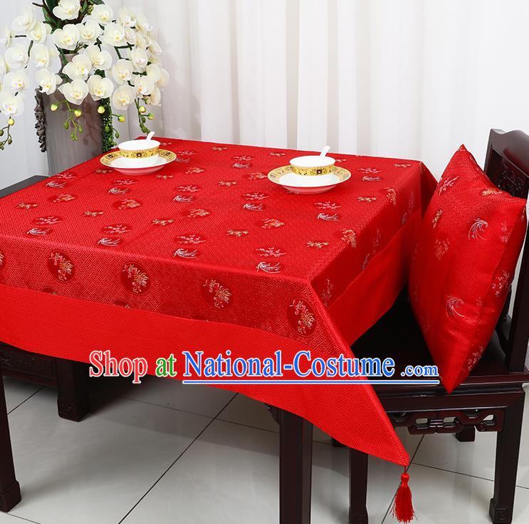 Chinese Traditional Orchid Chrysanthemum Pattern Red Brocade Table Cloth Classical Satin Household Ornament Desk Cover