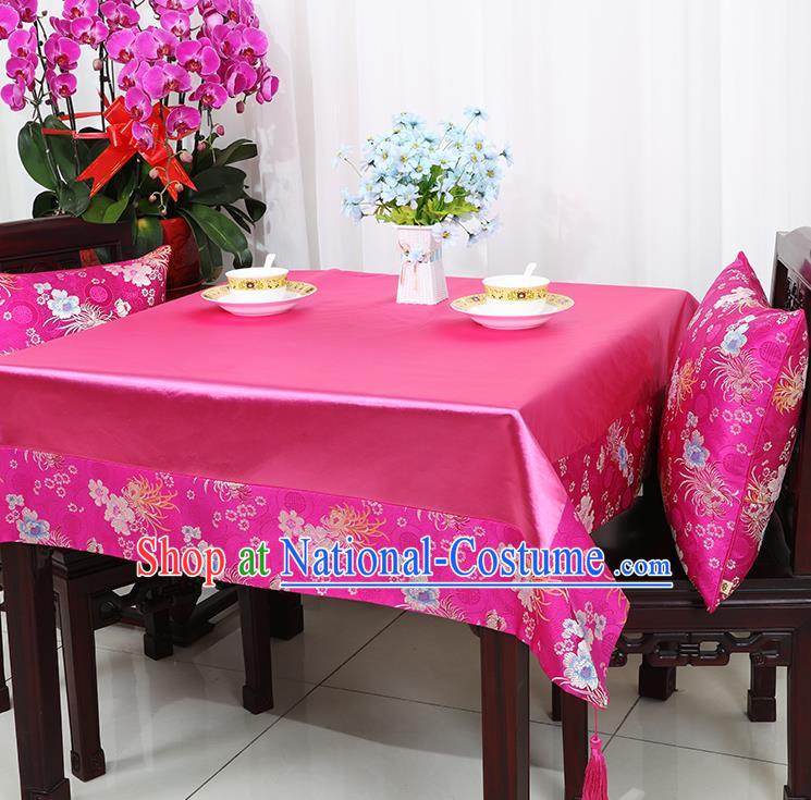 Chinese Traditional Chrysanthemum Pattern Rosy Brocade Table Cloth Classical Satin Household Ornament Desk Cover