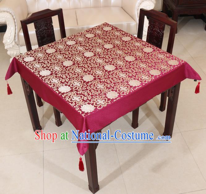 Chinese Traditional Lotus Pattern Wine Red Brocade Desk Cloth Classical Satin Household Ornament Table Cover