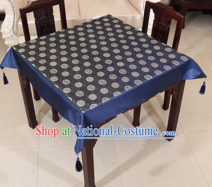 Chinese Traditional Longevity Pattern Navy Brocade Desk Cloth Classical Satin Household Ornament Table Cover