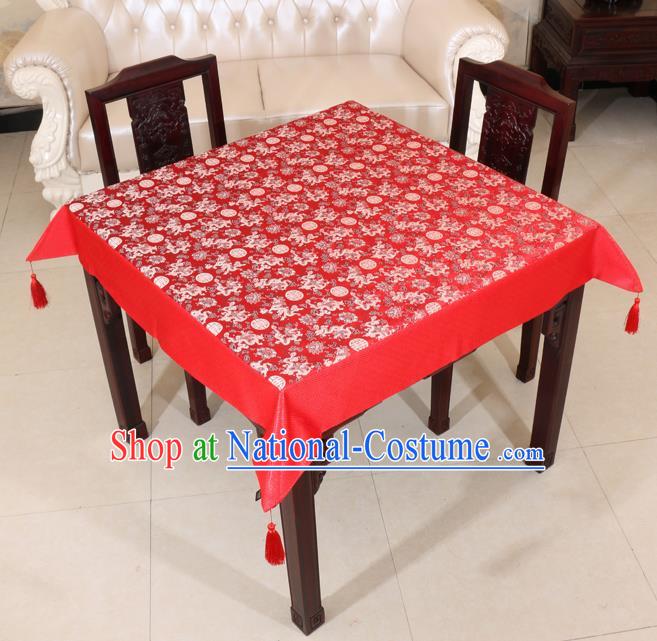 Chinese Traditional Longevity Dragons Pattern Red Brocade Desk Cloth Classical Satin Household Ornament Table Cover