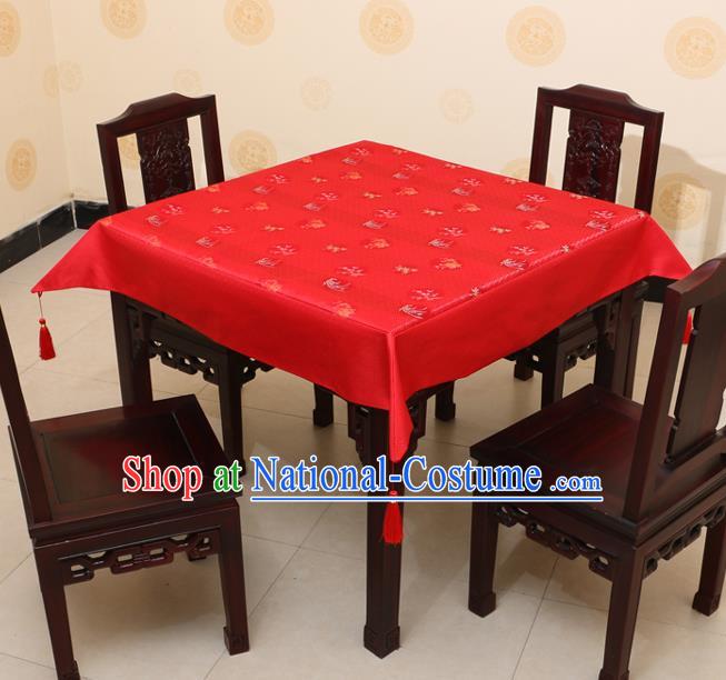 Chinese Traditional Orchid Bamboo Chrysanthemum Pattern Red Brocade Desk Cloth Classical Satin Household Ornament Table Cover