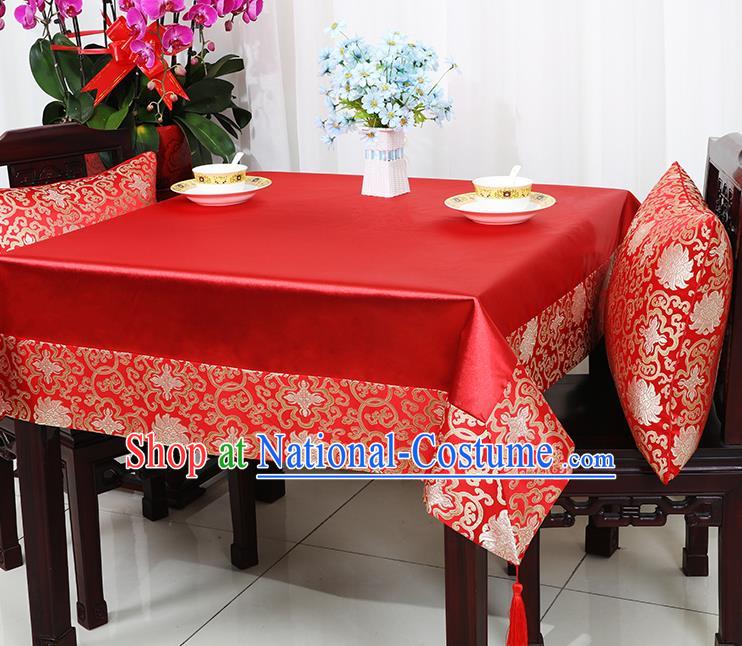 Chinese Traditional Lotus Pattern Red Brocade Table Cloth Classical Satin Household Ornament Desk Cover