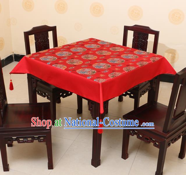 Chinese Traditional Peony Lotus Pattern Red Brocade Desk Cloth Classical Satin Household Ornament Table Cover