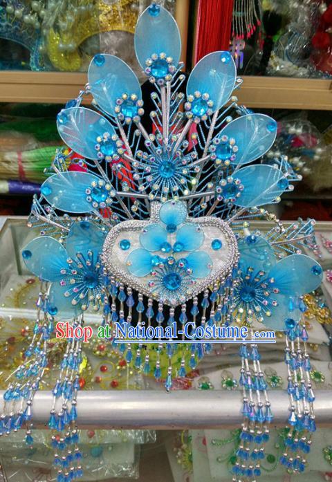 Chinese Traditional Beijing Opera Imperial Consort Blue Phoenix Coronet Head Ornaments Hair Accessories for Adults