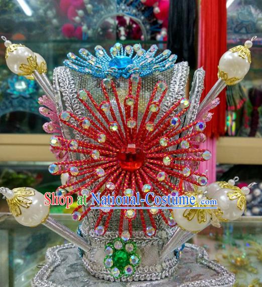 Chinese Traditional Beijing Opera Headwear Peking Opera Niche Red Beads Hairdo Crown for Adults