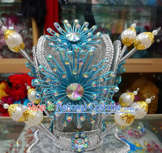 Chinese Traditional Beijing Opera Headwear Peking Opera Niche Blue Beads Hairdo Crown for Adults