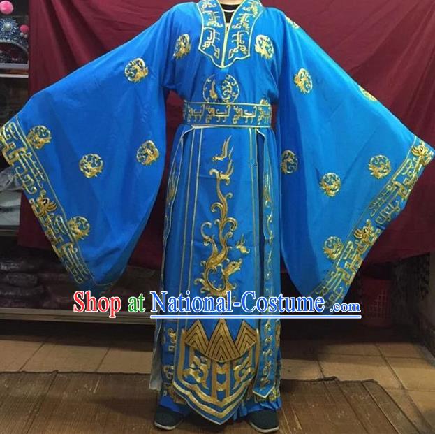 Chinese Traditional Beijing Opera Emperor Costume Peking Opera King Blue Embroidered Robe for Adults