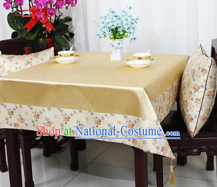 Chinese Traditional Chrysanthemum Pattern Light Golden Brocade Table Cloth Classical Satin Household Ornament Desk Cover