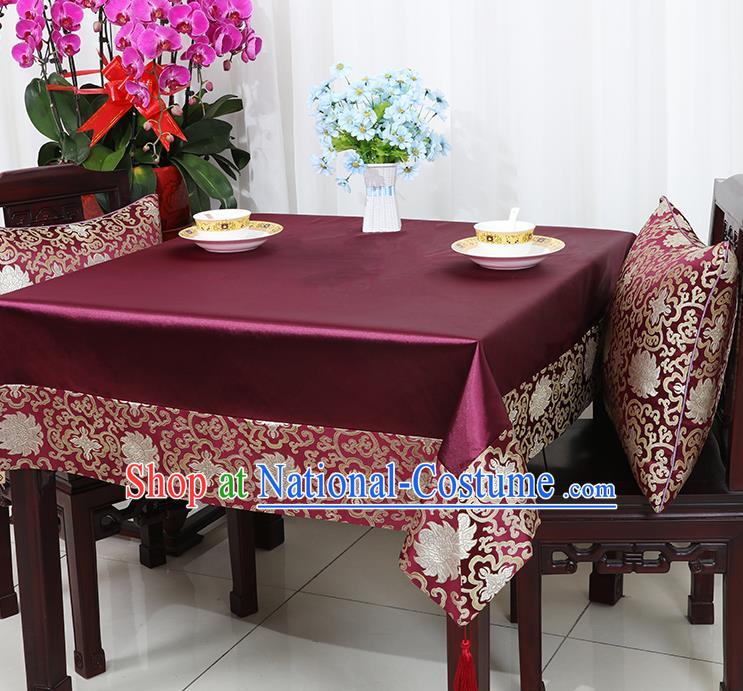 Chinese Traditional Lotus Pattern Purple Brocade Table Cloth Classical Satin Household Ornament Desk Cover