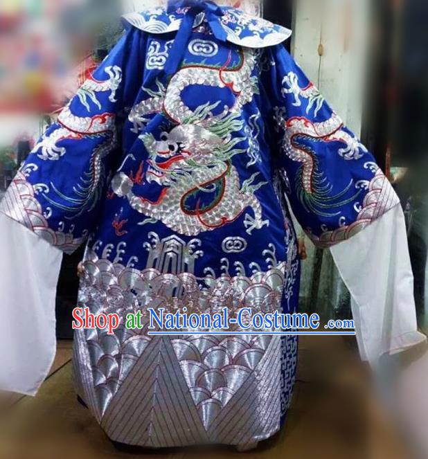 Chinese Traditional Beijing Opera Prime Minister Costume Peking Opera Chancellor Blue Embroidered Robe for Adults