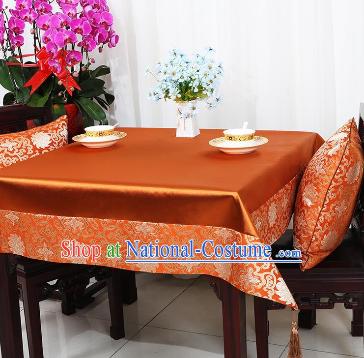 Chinese Traditional Lotus Pattern Orange Brocade Table Cloth Classical Satin Household Ornament Desk Cover