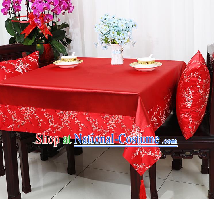 Chinese Traditional Plum Blossom Pattern Red Brocade Table Cloth Classical Satin Household Ornament Desk Cover