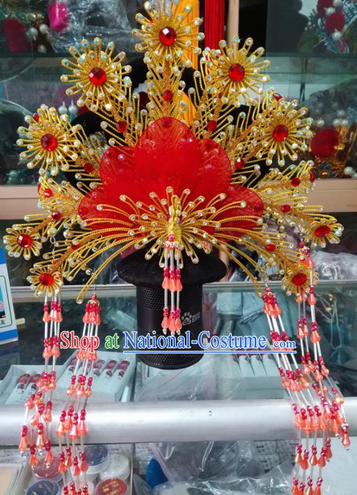 Chinese Traditional Beijing Opera Red Beads Tassel Phoenix Coronet Princess Hair Accessories for Adults