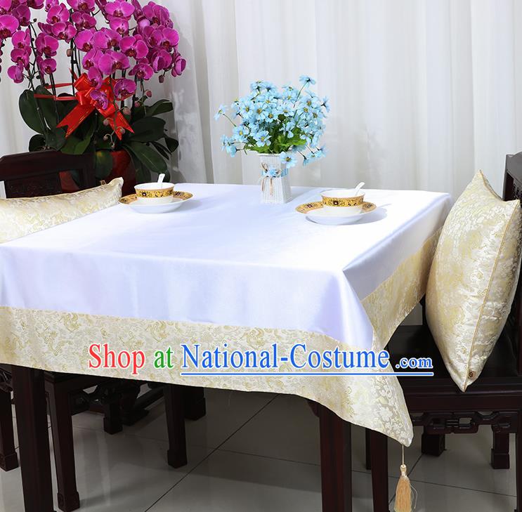 Chinese Traditional Dragons Pattern White Brocade Table Cloth Classical Satin Household Ornament Desk Cover