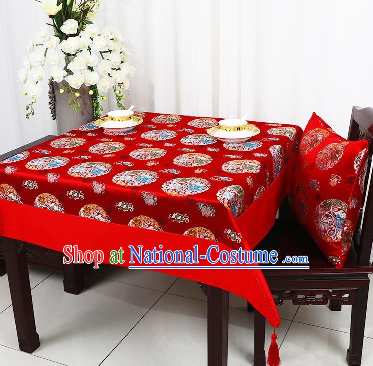 Chinese Traditional Peony Lotus Pattern Red Brocade Table Cloth Classical Satin Household Ornament Desk Cover