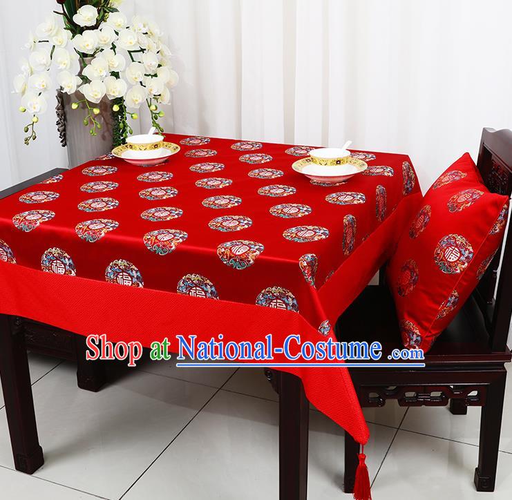 Chinese Traditional Lucky Character Pattern Red Brocade Table Cloth Classical Satin Household Ornament Desk Cover