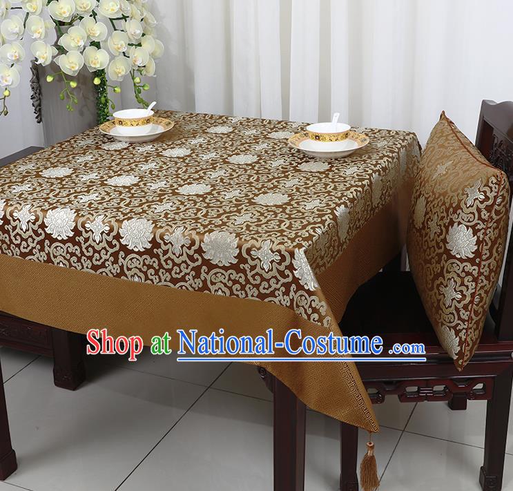 Chinese Traditional Lotus Pattern Brown Brocade Table Cloth Classical Satin Household Ornament Desk Cover