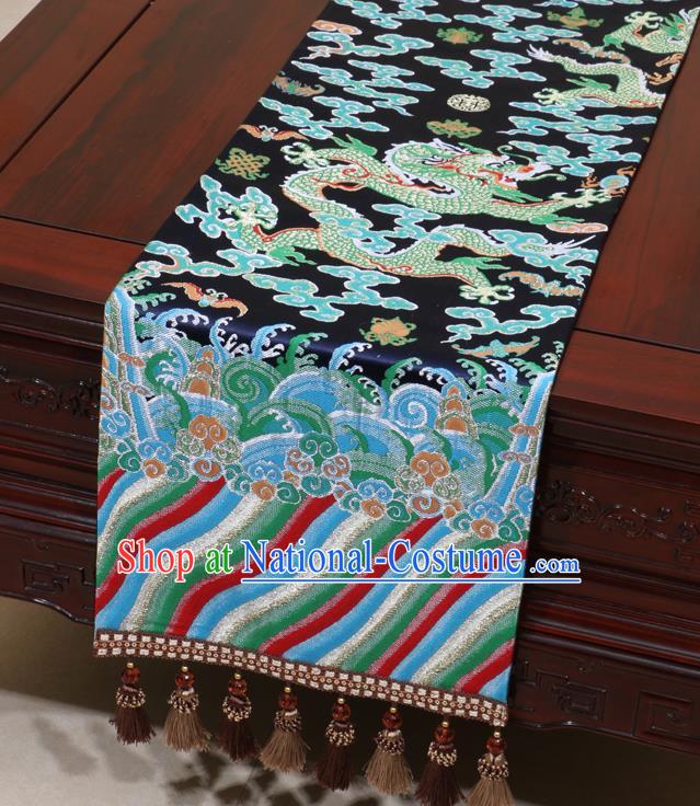 Chinese Traditional Dragon Pattern Navy Brocade Table Flag Classical Satin Household Ornament Table Cover