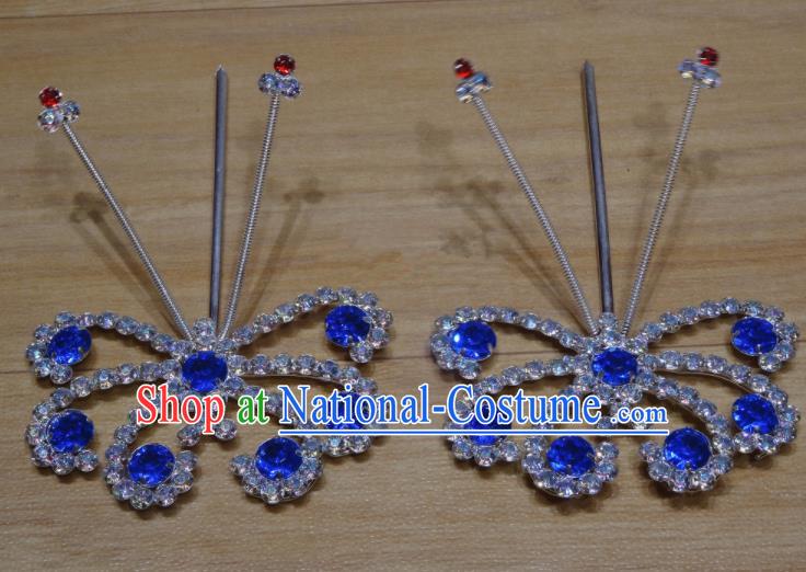 Chinese Traditional Beijing Opera Diva Royalblue Crystal Butterfly Hairpins Princess Hair Accessories for Adults