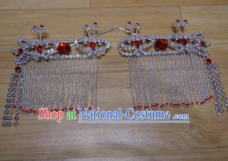 Chinese Traditional Beijing Opera Diva Sidebums Red Tassel Hairpins Princess Hair Accessories for Adults