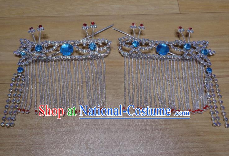 Chinese Traditional Beijing Opera Diva Sidebums Blue Tassel Hairpins Princess Hair Accessories for Adults