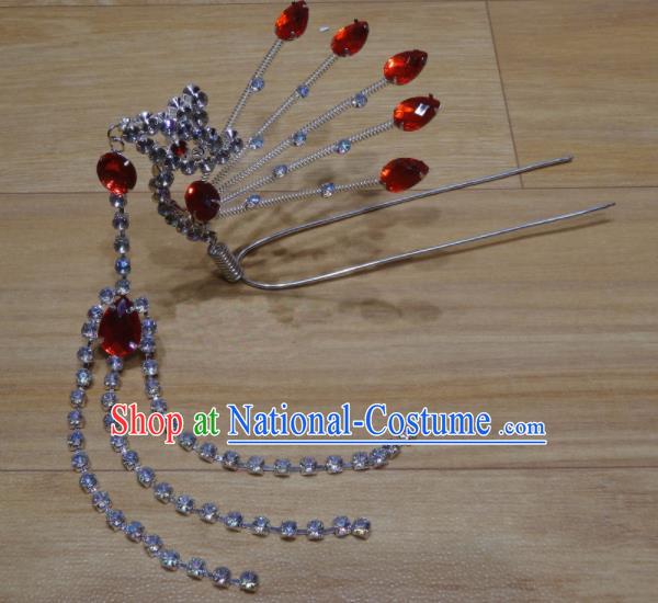 Chinese Traditional Beijing Opera Diva Red Crystal Phoenix Tassel Hairpins Princess Hair Accessories for Adults