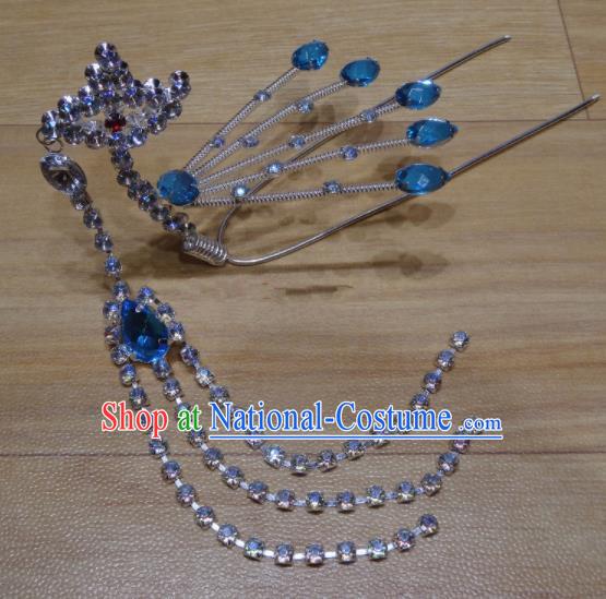 Chinese Traditional Beijing Opera Diva Blue Crystal Phoenix Tassel Hairpins Princess Hair Accessories for Adults