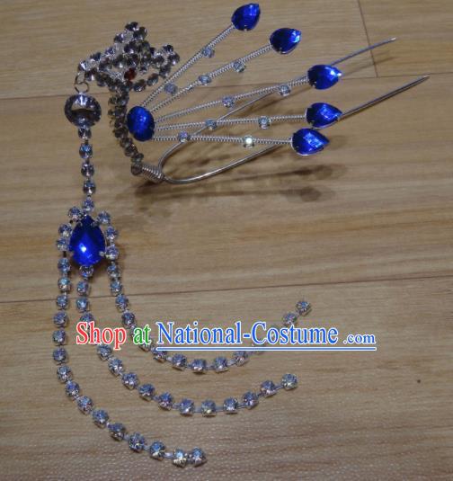 Chinese Traditional Beijing Opera Diva Royalblue Crystal Phoenix Tassel Hairpins Princess Hair Accessories for Adults