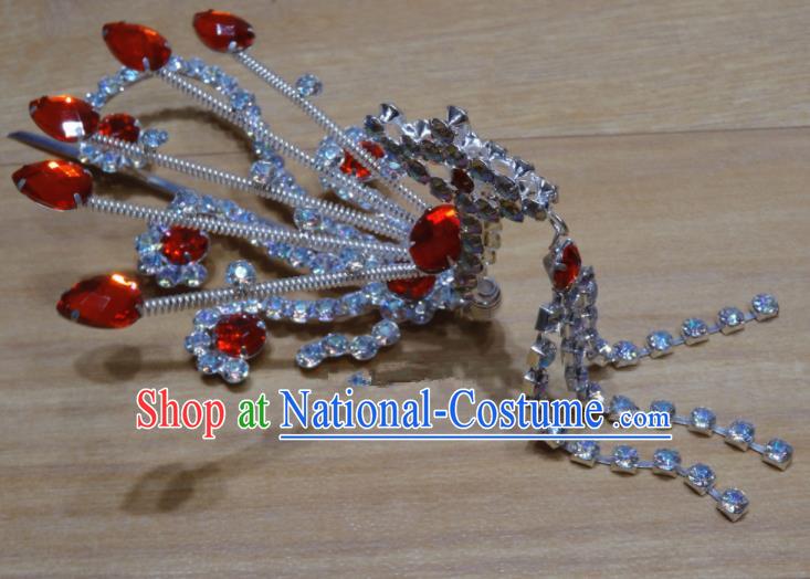 Chinese Traditional Beijing Opera Red Crystal Phoenix Tassel Hairpins Princess Hair Accessories for Adults