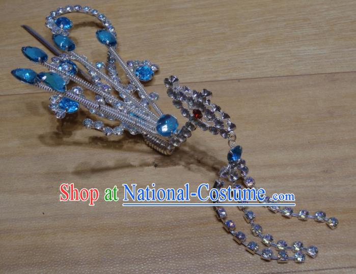 Chinese Traditional Beijing Opera Blue Crystal Phoenix Tassel Hairpins Princess Hair Accessories for Adults